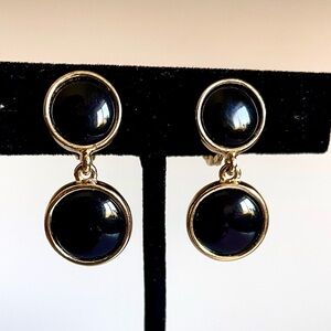 Napier Vintage Black Cabochon Gold Tone Drop Clip On Earrings Signed 1980s EUC